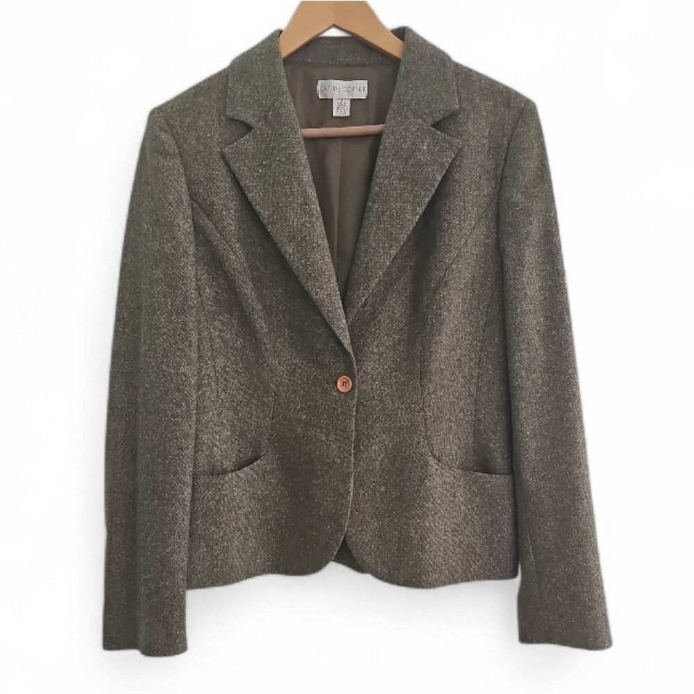 Casual Corner Wool Silk Blazer Women 12 Sage Herringbone Career Office Jacket